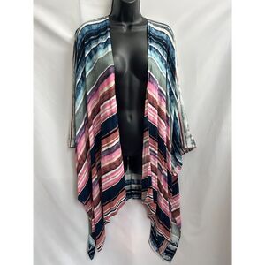 Rain Multicolor Striped Open Front Kimono Longline Rainbow Colorful Plus Size OS